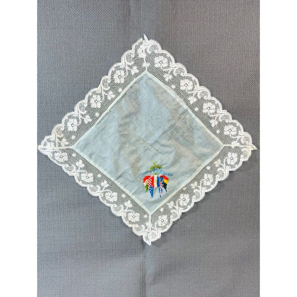 Vintage Souvenir de France WWI Alliance Silk Scarf Ascot Lace Handkerchief